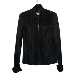 Coldwater Creek Suede Wool Zip Front Ribbed Knit Sweater Black Womens Medium
